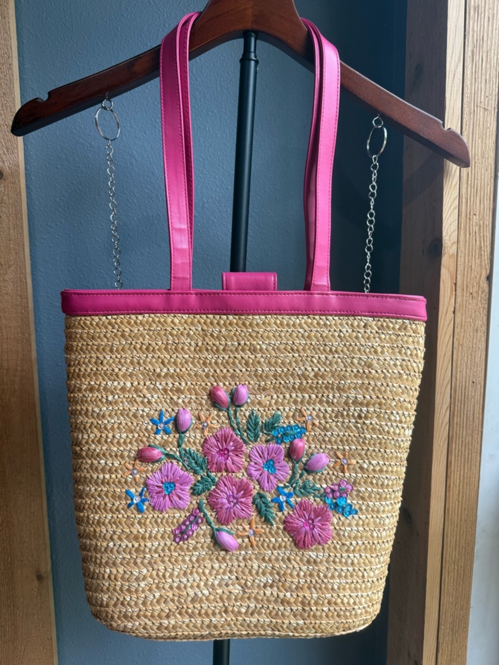 Straw Tote Bag Pink Floral Embroidered Beach Purse Boho Summer Shoulder Bag - Picture 2 of 12